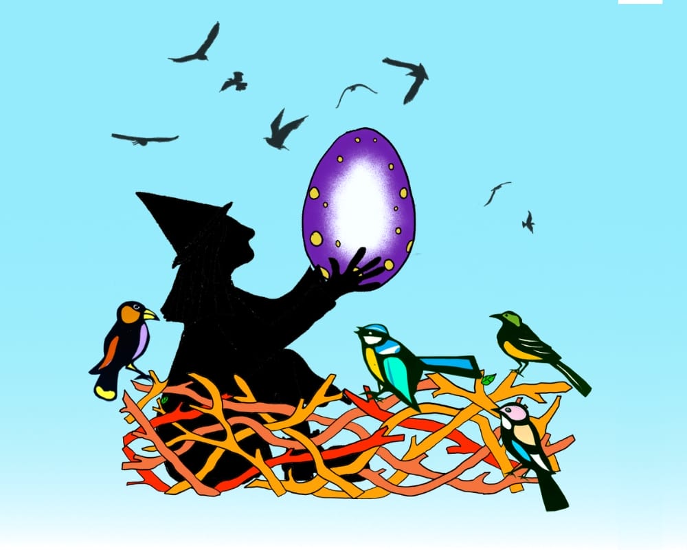 A silhouette of a witch sits in a nest holding up a large colourful egg. She is surrounded by colourful birds and a flock of silhouette birds.