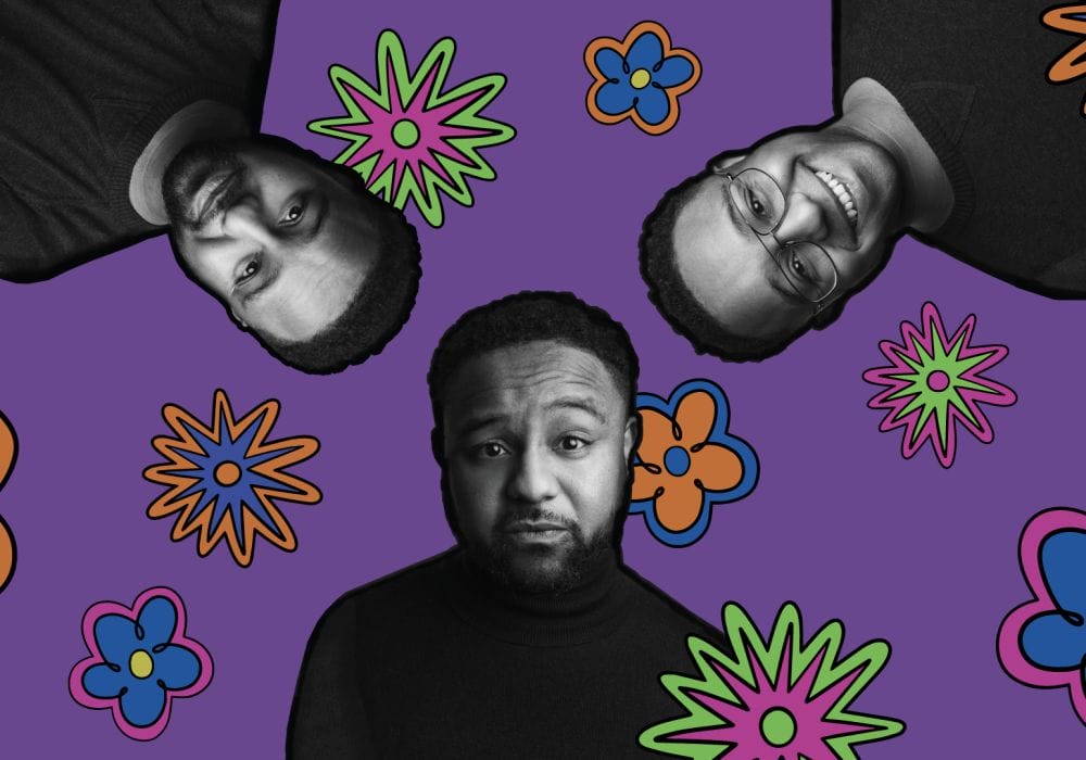 Purple background, 3 pictures of the same man with different expressions. Brightly coloured flower illustrations are splashed around the image.