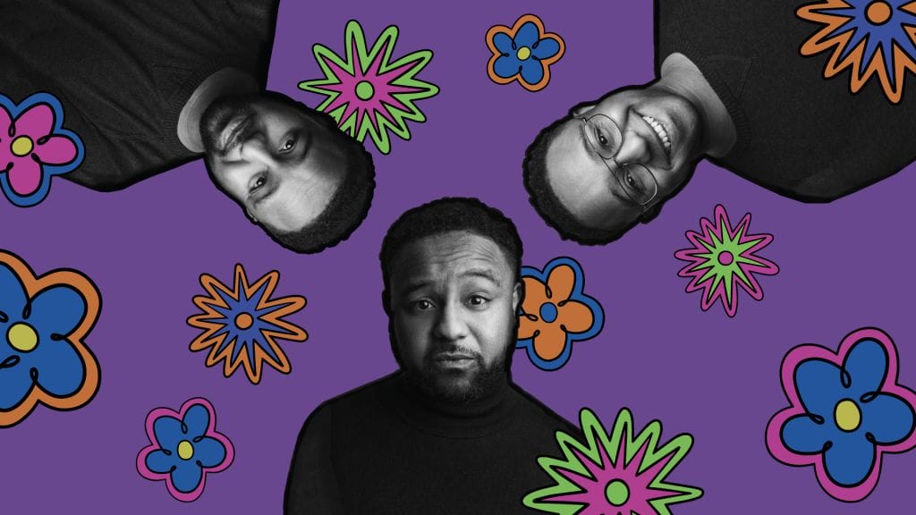 Purple background, 3 pictures of the same man with different expressions. Brightly coloured flower illustrations are splashed around the image.