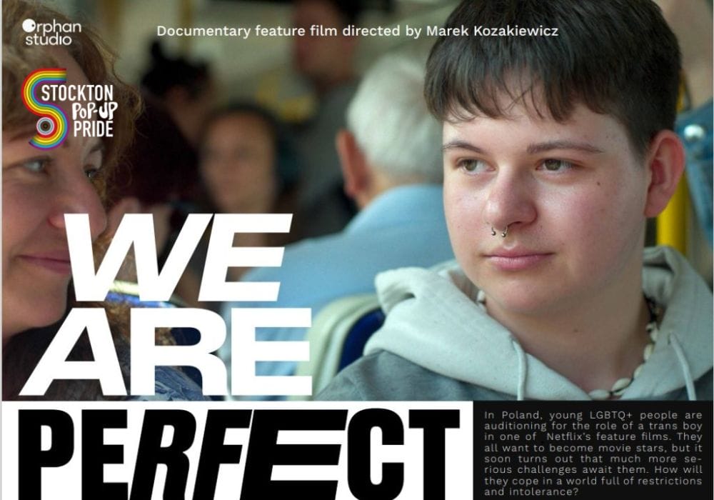 Image of a white person with brown hair wearing a light-coloured hoodie. To their left a white person with brown curly hair. Image also shows the Stockton Pop-Up Pride logo.