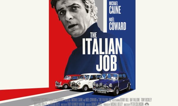 The Italian Job cinema poster showing Michael Caine in black & white with 3 Mini Cooper cars in Red, White and Blue.