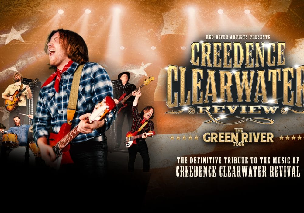 The band Creedence Clearwater Review performing. Behind them are stage lights and an American flag is barely visible. To the right of them are the words Creedence Clearwater Review The Green Rvier Tour. The Definitive Tribute to the Music of Creedence Clearwater Revival.