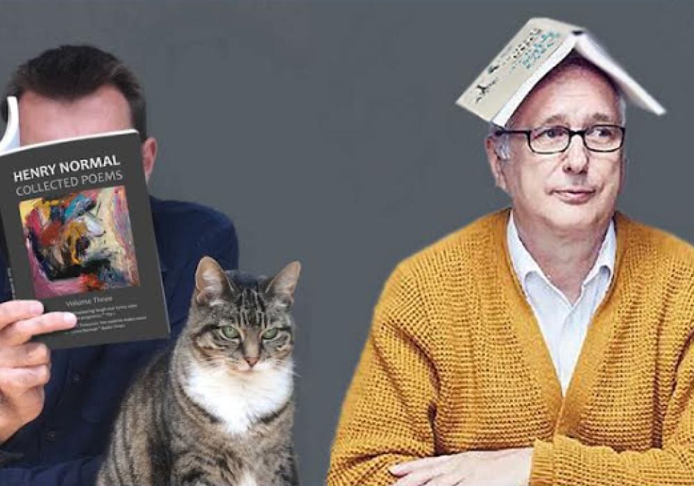 An image of Brian Bilston (his face obscured by a open copy of Henry Normal's Collected Poems), and Henry Normal sitting alongside him with an open book on top of his head. There is a tabby cat sitting in between them.