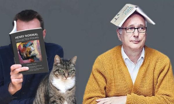 An image of Brian Bilston (his face obscured by a open copy of Henry Normal's Collected Poems), and Henry Normal sitting alongside him with an open book on top of his head. There is a tabby cat sitting in between them.