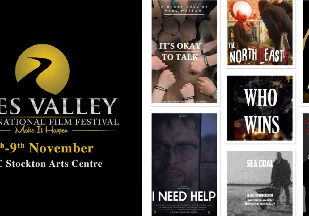 Tees Valley International Film Festival logo and dates 6-9 November, plus a collage of 7 promo images for the films in the North East category