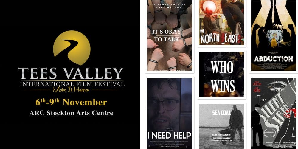 Tees Valley International Film Festival logo and dates 6-9 November, plus a collage of 7 promo images for the films in the North East category