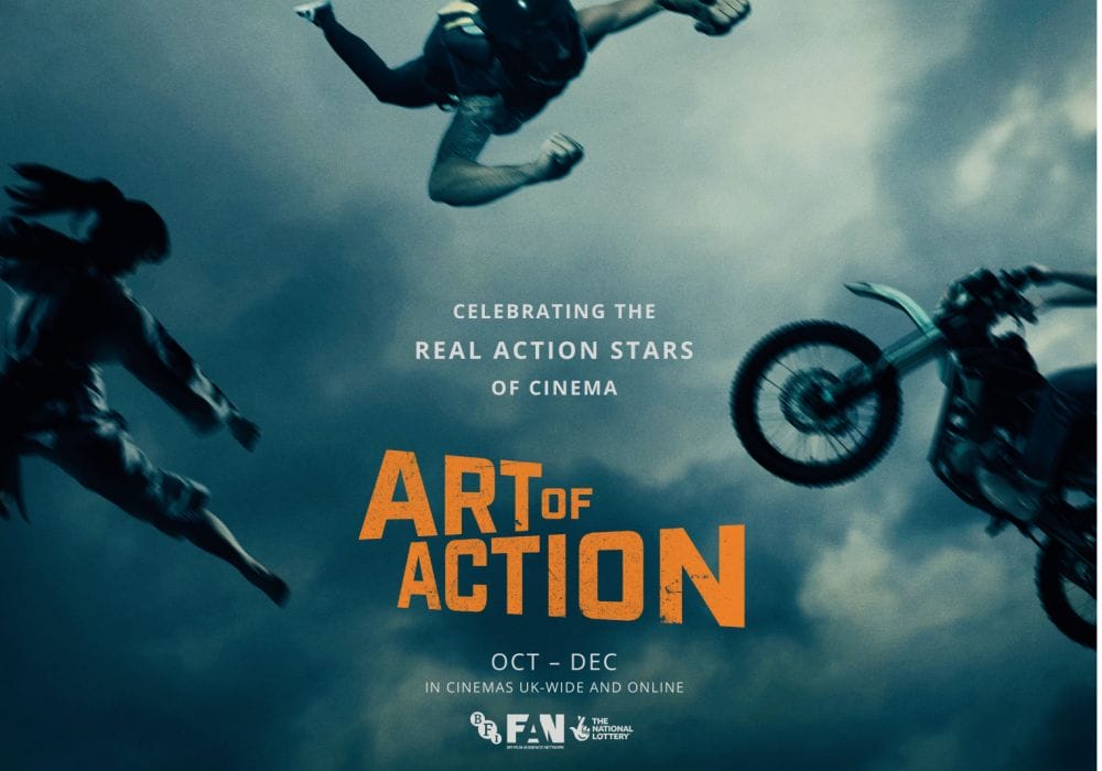 The background of the image appears to be a gloomy looking sky. To the left is a person doing a karate kick. The top shows a person skydiving. To the right is someone on a mitorbike. The text in the centre of the image is orange and reads Art of Action.