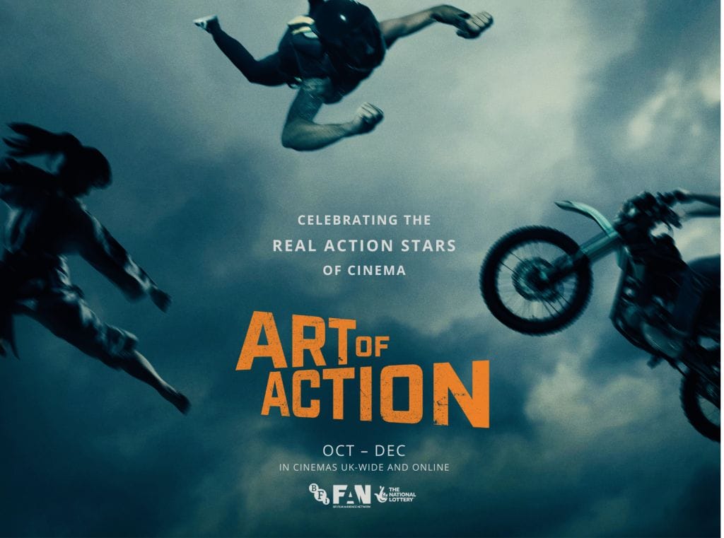 The background of the image appears to be a gloomy looking sky. To the left is a person doing a karate kick. The top shows a person skydiving. To the right is someone on a mitorbike. The text in the centre of the image is orange and reads Art of Action.