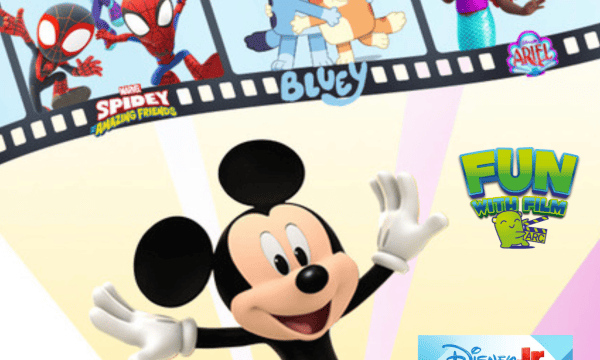 Image of Mickey Mouse behind a film reel showing other Disney Classics.