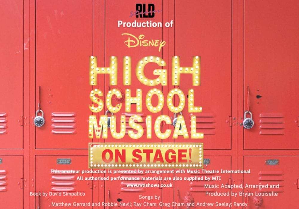 Red background of American school lockers. High School Musical on Stage in gold text with lights that appear to illuminate the text.