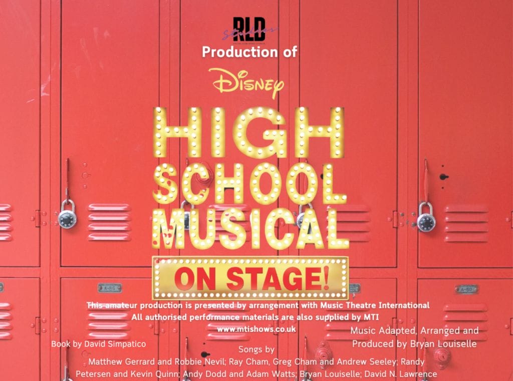 Red background of American school lockers. High School Musical on Stage in gold text with lights that appear to illuminate the text.