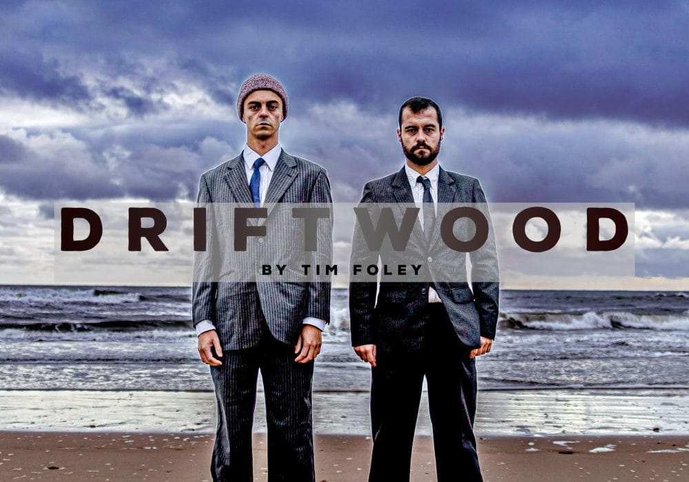 Two men wearing dark suits stand on a beach, above them are grey clouds. Text reads Driftwood.