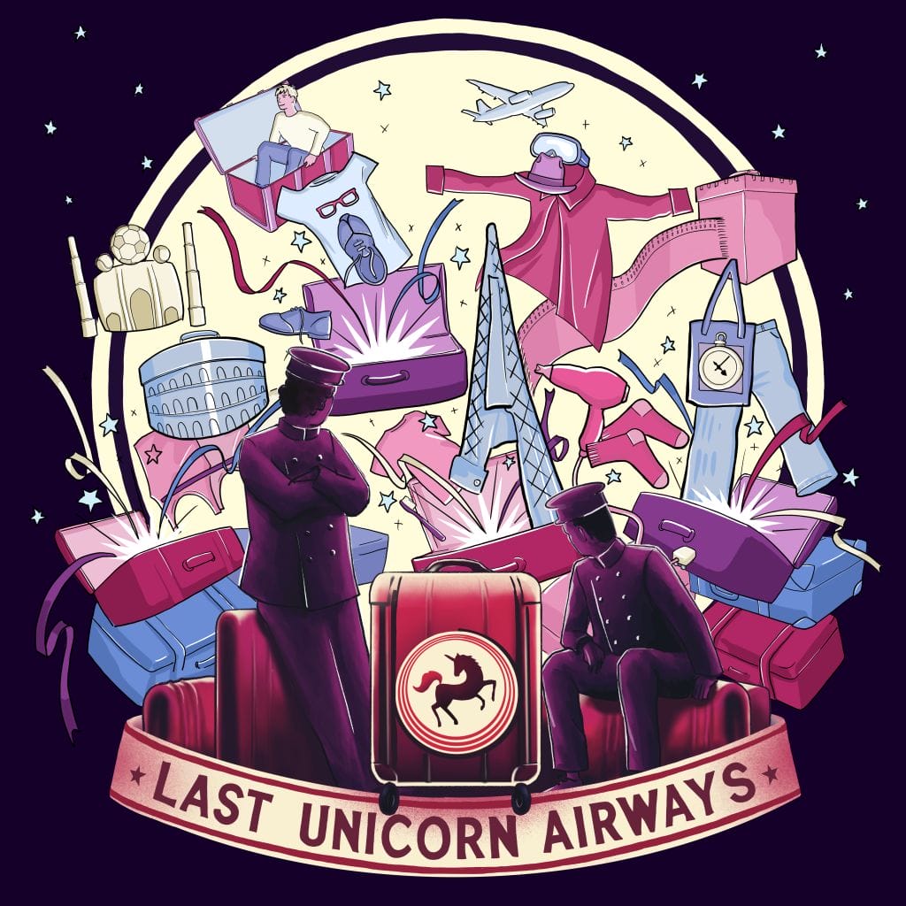 Poster image for Last Unicorn Airways, with illustrations of two baggage handlers, suitcases, and items from the suitcases.