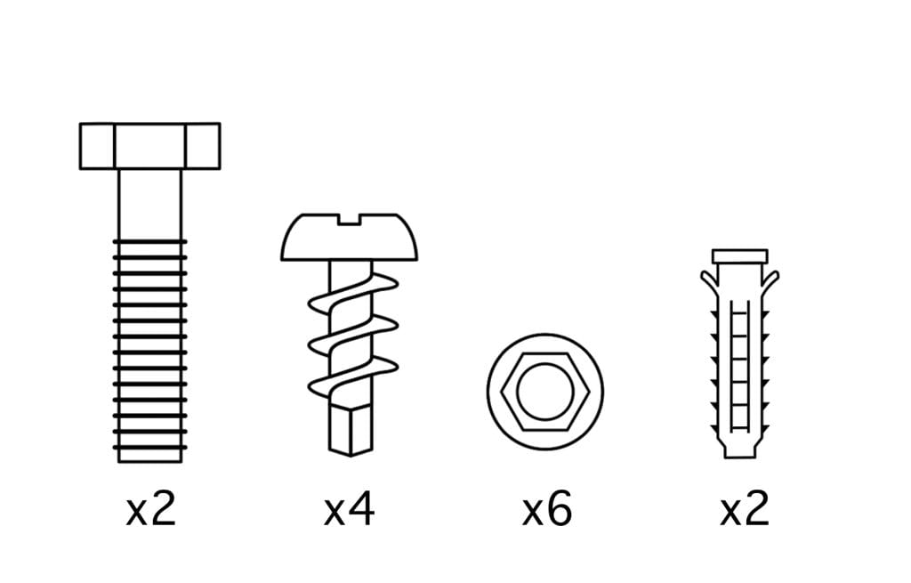 Image shows a selection of line diagrams of components that might typically be found in flatpack furniture with numbers to denote quantities underneath them. The items are a large threaded bolt with a x2 underneath, a screw with a x 2 underneath, a bolt with a x6, and a wall plug with a x2 underneath.