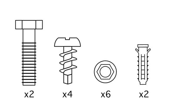 Image shows a selection of line diagrams of components that might typically be found in flatpack furniture with numbers to denote quantities underneath them. The items are a large threaded bolt with a x2 underneath, a screw with a x 2 underneath, a bolt with a x6, and a wall plug with a x2 underneath.