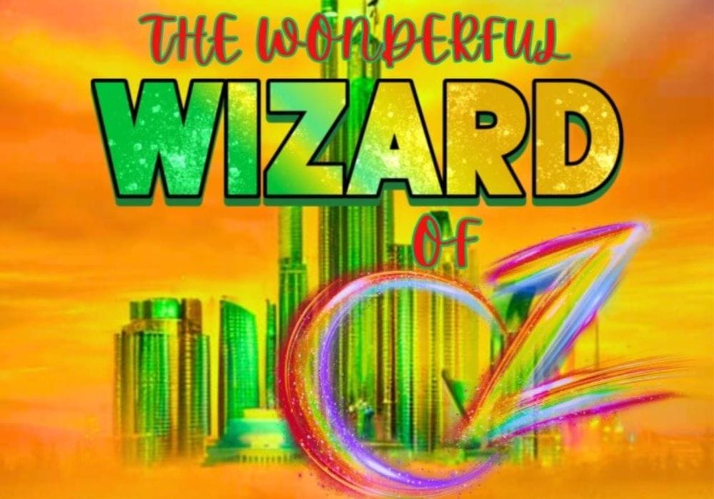 An image showing The Emerald City. The Wonderful is red text, Wizard is Green and Yellow of is Red and Oz is rainbow colours.