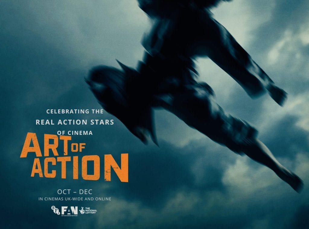 A darkened Blue sky showing the bottom half of a person doing a karate action pose. Art Of Action in orange text.