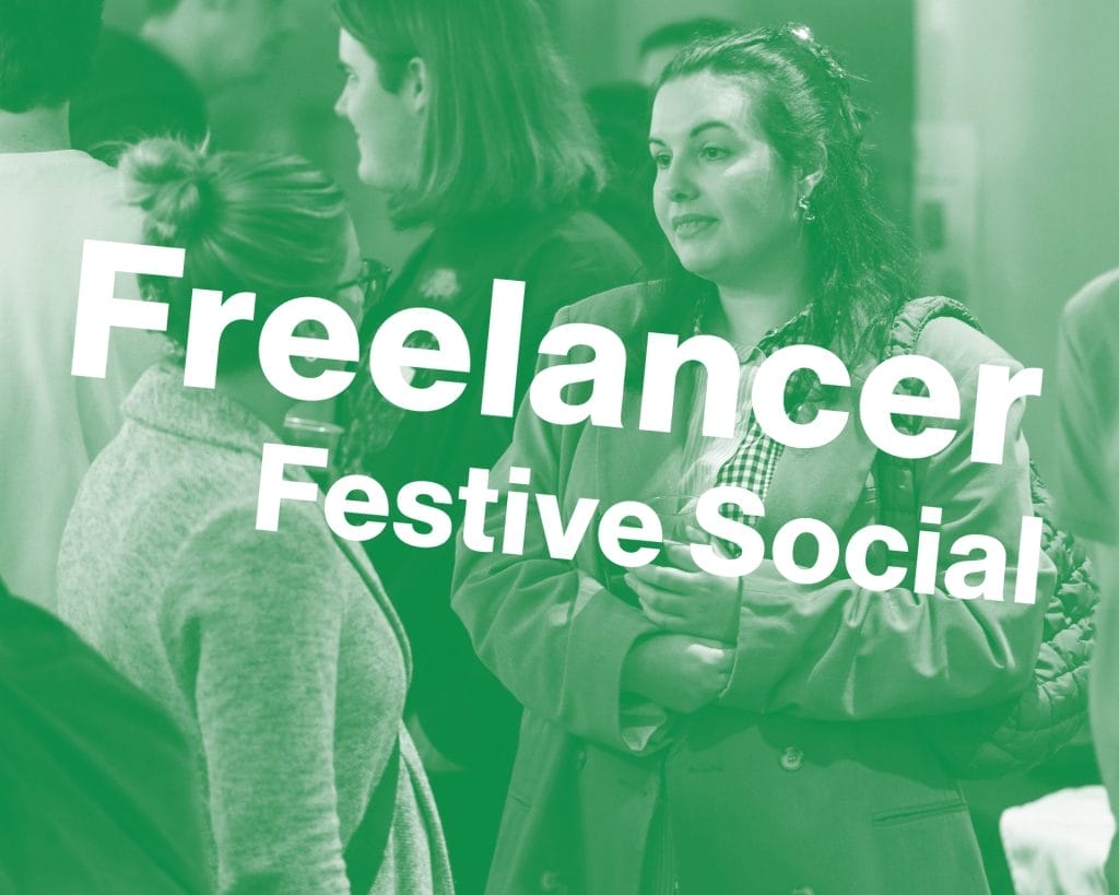 Two people chatting with text reading Freelancer Festive Social