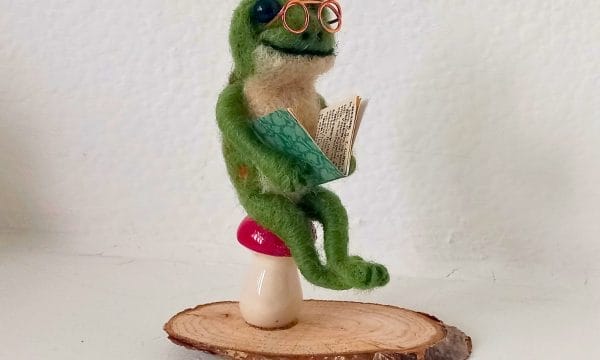 A close up of a green toad made from needle felt, it is wearing copper wire glasses, and holding a small book. It has a happy expression. It is sitting on a red toadstool.