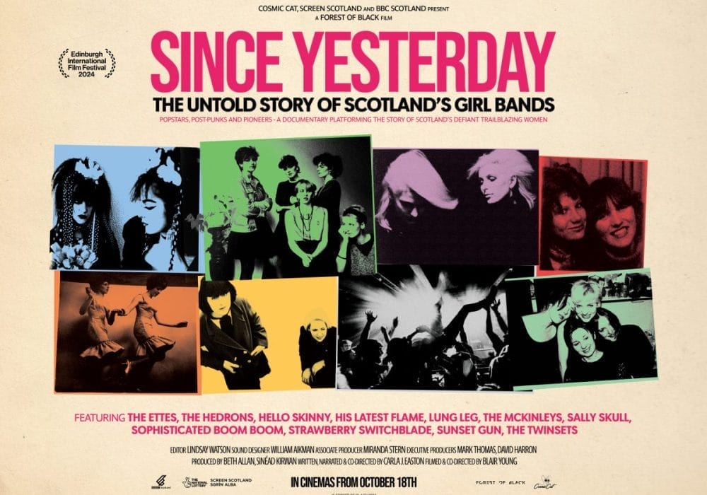 A colourful collage of Scottish girl bands. Text reads Since Yesterday The Untold Story of Scotland's Girl Bands.