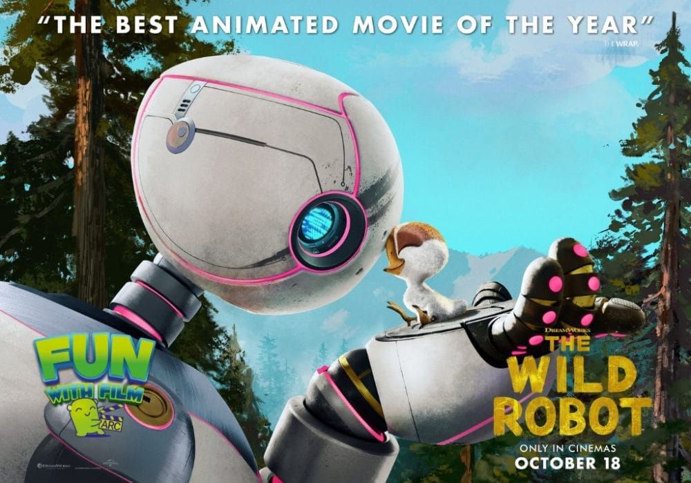 Film poster for animated movie The Wild Robot. The robot is holding a small, fluffy baby goose in its hand.