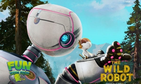 Film poster for animated movie The Wild Robot. The robot is holding a small, fluffy baby goose in its hand.