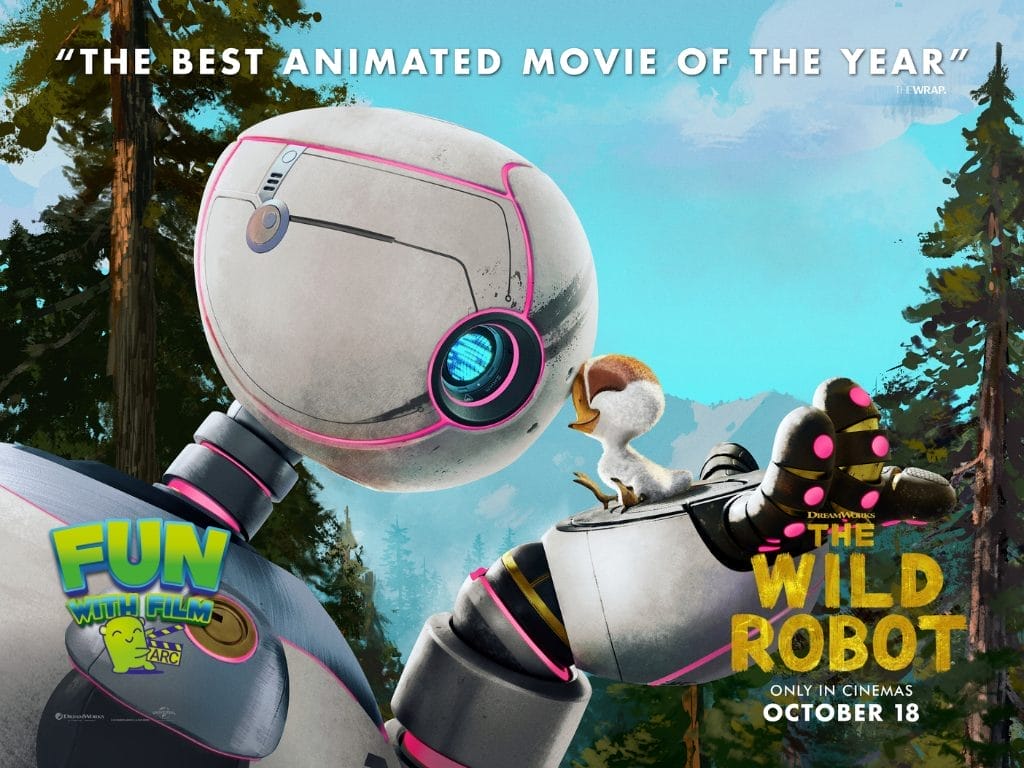 Film poster for animated movie The Wild Robot. The robot is holding a small, fluffy baby goose in its hand.