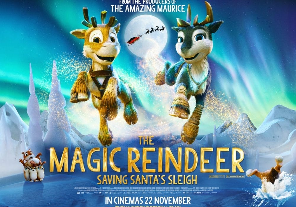 Two animated reindeers fly in front of the Northern Lights. Below them text reads The Magic Reindeer: Saving Santa's Sleigh