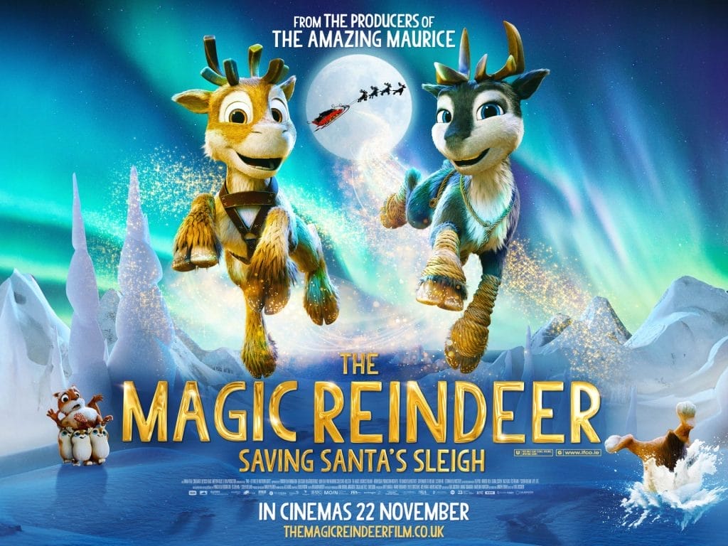 Two animated reindeers fly in front of the Northern Lights. Below them text reads The Magic Reindeer: Saving Santa's Sleigh