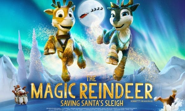 Two animated reindeers fly in front of the Northern Lights. Below them text reads The Magic Reindeer: Saving Santa's Sleigh