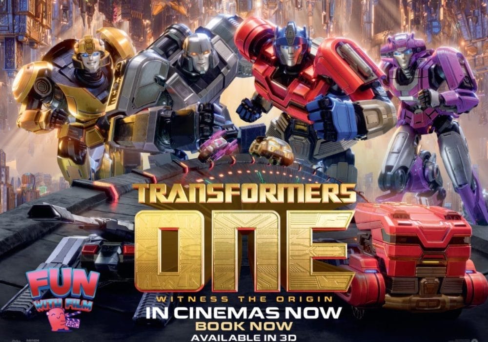 Four colourful Transformers robots are in the centre of the image, behind them is a futuristic cityscape. In front of them in metallic gold lettering are the words Transformers One: Witness the origin.