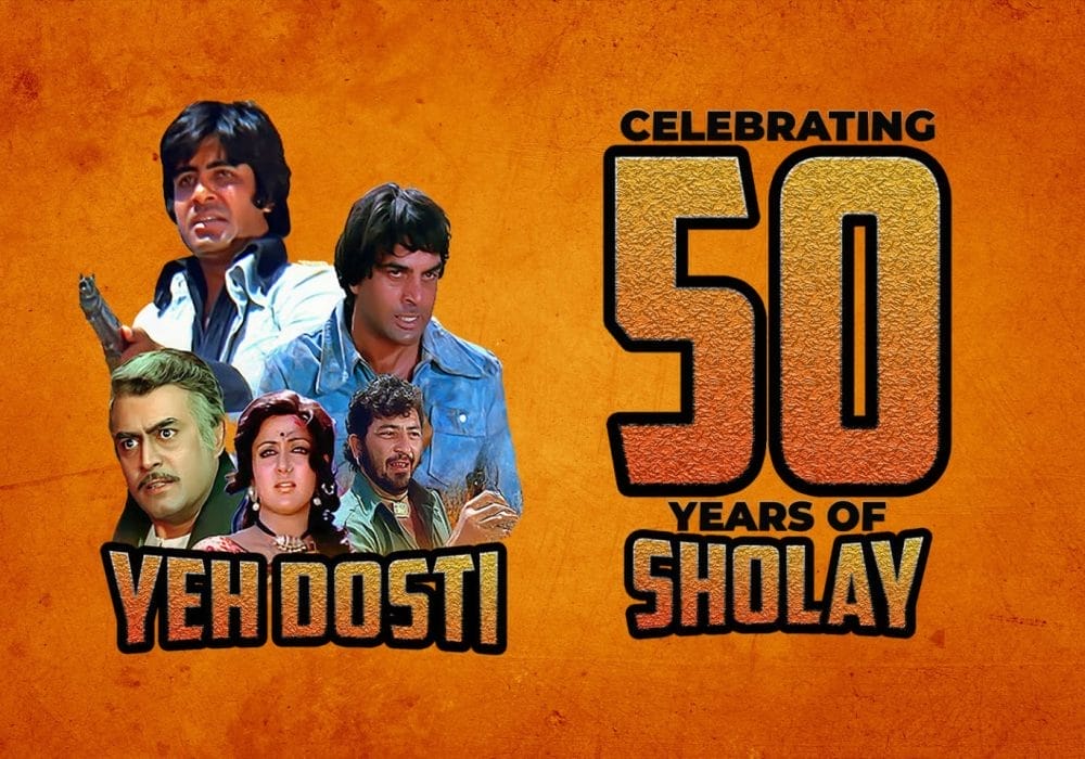 Yeh Dosti Celebrating 50 years of Sholay. The main image is orange showing head shots of four Asian men and one Asian Female.