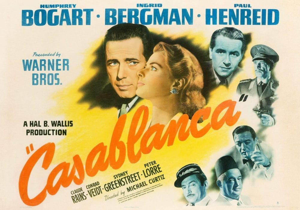 A Casablanca movie poster, featuring drawn headshots of Ingrid Bergman and Humphrey Bogart.