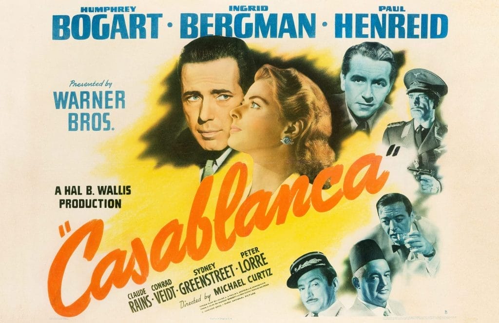 A Casablanca movie poster, featuring drawn headshots of Ingrid Bergman and Humphrey Bogart.