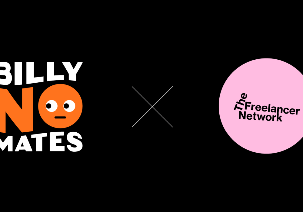 This image shows a collaboration or partnership between two brands, indicated by an "X" between their logos. On the left is "Billy No Mates" which has a playful design featuring white text with "NO" in orange and a simple face emoji-like design integrated into the "O". The right side shows "The Freelancer Network" logo in a pink circle with black text.