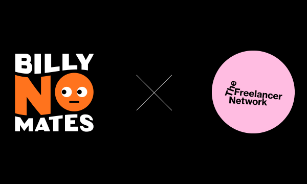 This image shows a collaboration or partnership between two brands, indicated by an "X" between their logos. On the left is "Billy No Mates" which has a playful design featuring white text with "NO" in orange and a simple face emoji-like design integrated into the "O". The right side shows "The Freelancer Network" logo in a pink circle with black text.