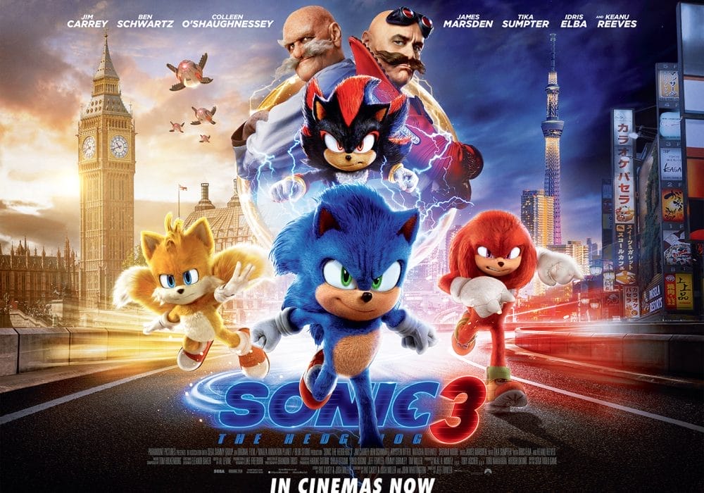 An animated movie poster featuring characters from the Sonic the Hedgehog franchise. Text reads: Sonic 3 in cinemas now