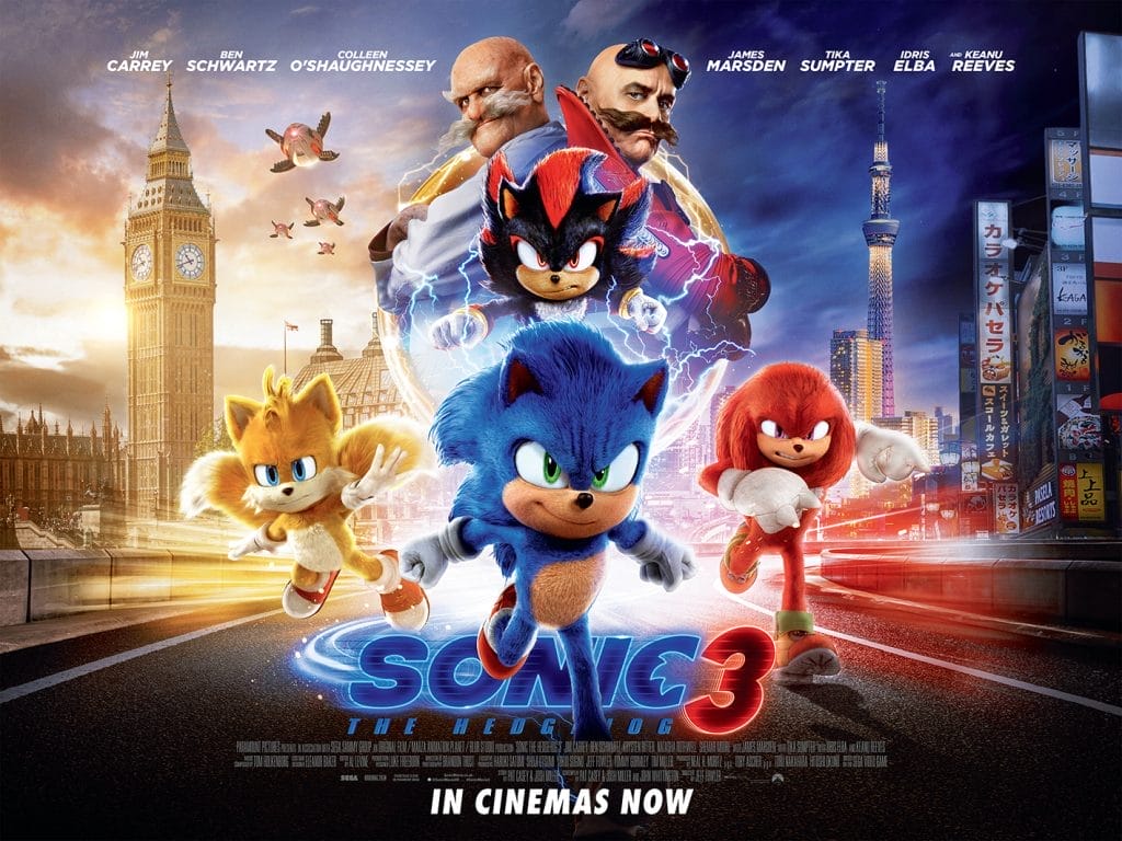 An animated movie poster featuring characters from the Sonic the Hedgehog franchise. Text reads: Sonic 3 in cinemas now