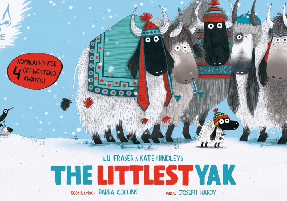 Four big grey yaks stand around one tiny grey yak, they are all wearing knitted hats. Text reads: The Littlest Yak