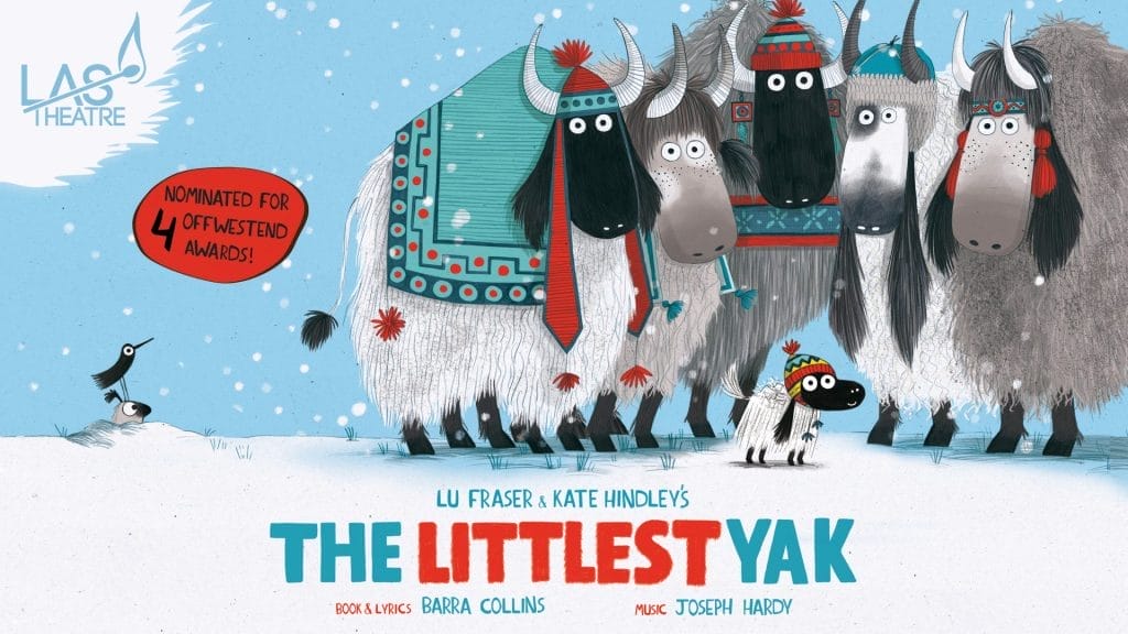 Four big grey yaks stand around one tiny grey yak, they are all wearing knitted hats. Text reads: The Littlest Yak