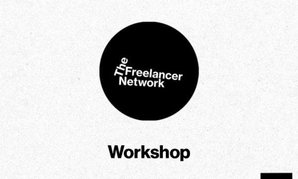 An off-white back ground with a black circle in the centre. Text reads The Freelancer Network Workshop