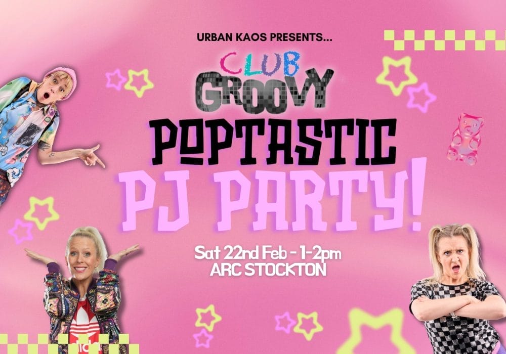 a "Poptastic PJ Party" event. The poster has a vibrant pink background with decorative star elements in yellow and pink. The event is scheduled for Saturday February 22nd from 1-2pm at ARC Stockton