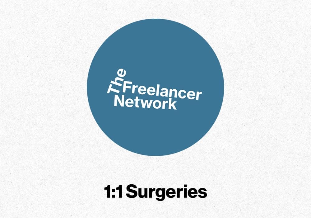 Text Reads: The Freelancer Network 1:1 Fundraising Surgeries