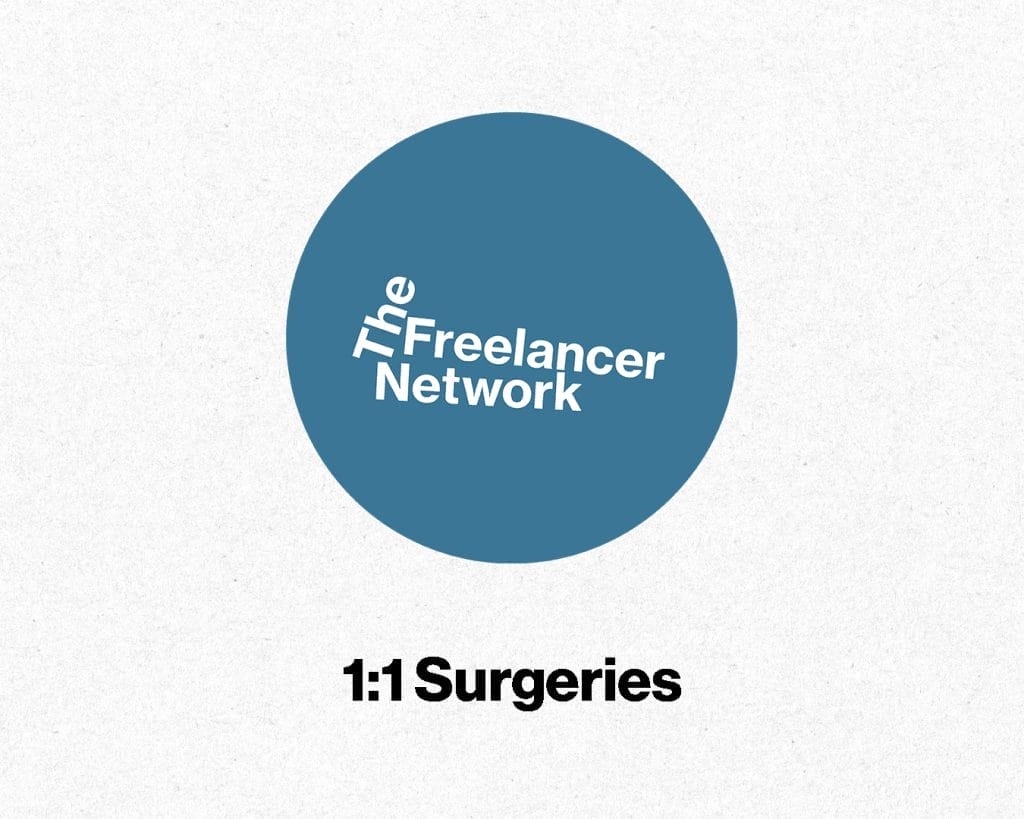 Text Reads: The Freelancer Network 1:1 Fundraising Surgeries