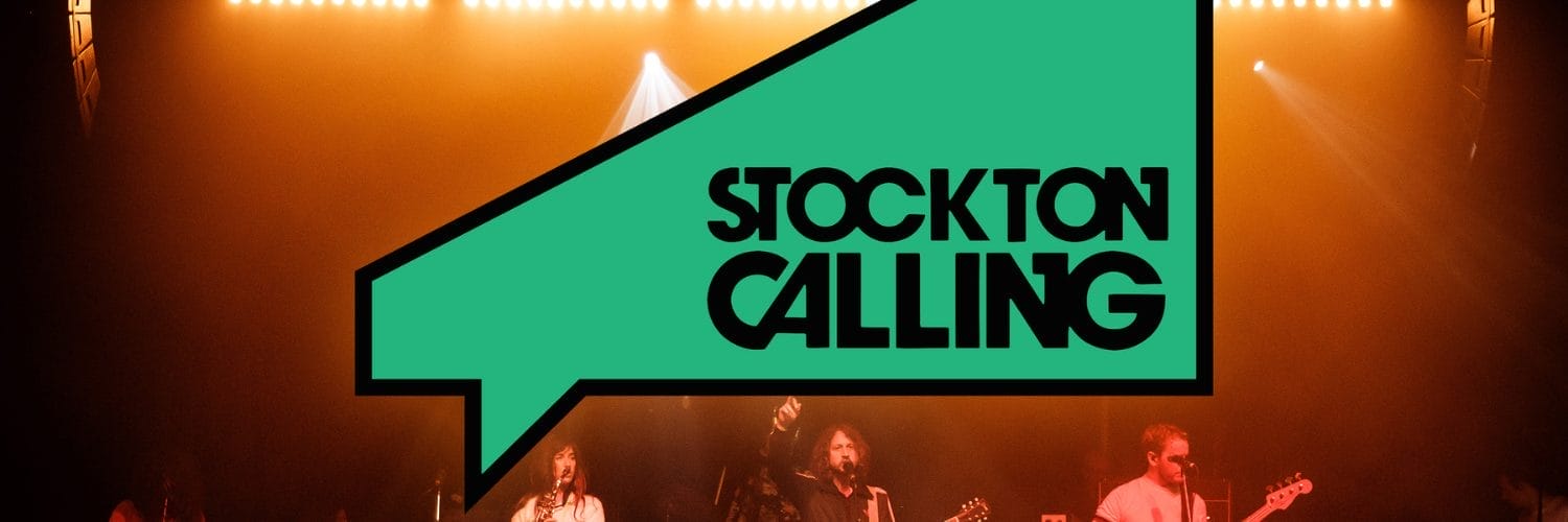 Stockton Calling's logo sits above a 4 piece band playing to a crowd of people