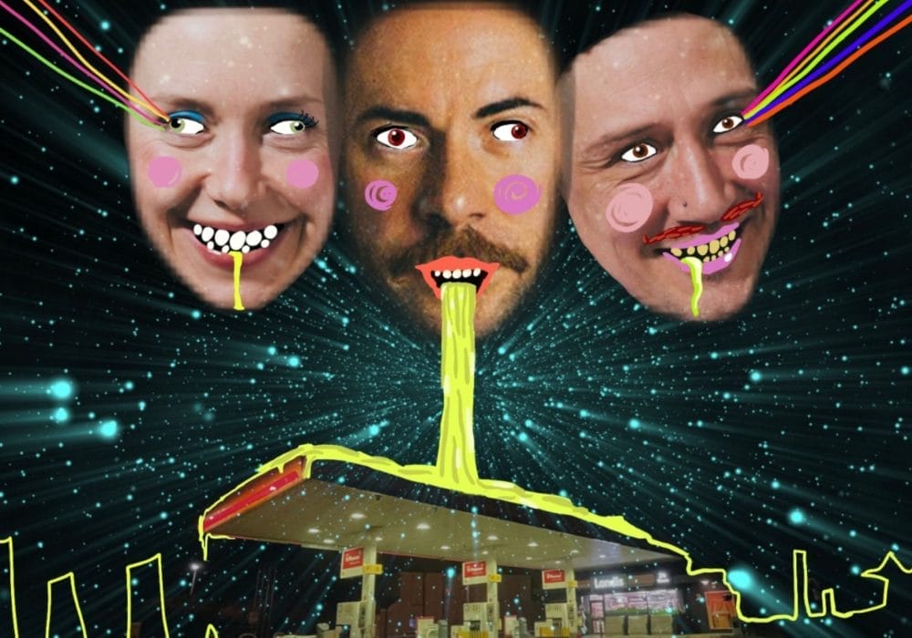A surreal digital artwork with three disembodied heads floating in a space-like background with colorful streaks of light. The faces have been edited with bright pink circular cheeks and neon-colored effects coming from their eyes and mouths. There's a stylized stream of yellow/green liquid flowing from their mouths down to what appears to be a gas station or convenience store at the bottom of the image, which is outlined in neon yellow. The entire composition has a psychedelic, otherworldly quality with a dark starry background and glowing effects.