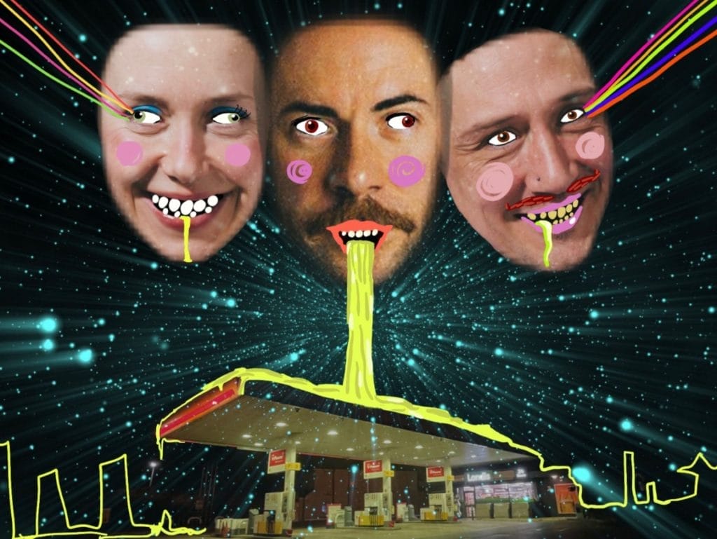 A surreal digital artwork with three disembodied heads floating in a space-like background with colorful streaks of light. The faces have been edited with bright pink circular cheeks and neon-colored effects coming from their eyes and mouths. There's a stylized stream of yellow/green liquid flowing from their mouths down to what appears to be a gas station or convenience store at the bottom of the image, which is outlined in neon yellow. The entire composition has a psychedelic, otherworldly quality with a dark starry background and glowing effects.