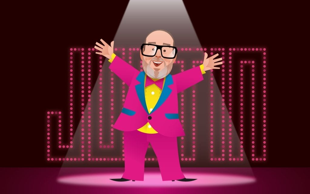A 2D cartoon of a bald man wearing glasses in a pink suit with his arms outstretched. there is a spotlight on him and in the background show lights spell out the word 'Justin'
