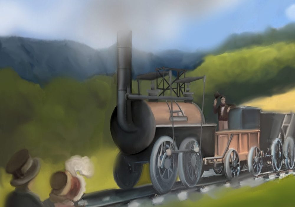 A historical scene of an early steam locomotive travelling along railway tracks through a countryside setting. In the foreground, there are two observers wearing period clothing and hats, possibly from the early-to-mid 19th century, watching the train pass by. One appears to be holding a child. The steam locomotive has the distinctive features of early rail technology, including a large smokestack emitting smoke, a cylindrical boiler, and visible wheels. There's a person visible on the train who appears to be the engineer or operator. The landscape includes rolling hills, mountains in the background, and a mix of green fields and wooded areas, creating a picturesque rural setting. The sky is partly cloudy with blue patches visible. This painting seems to represent an important period in transportation history, likely depicting one of the early passenger or freight steam trains that revolutionised travel and commerce during the Industrial Revolution.