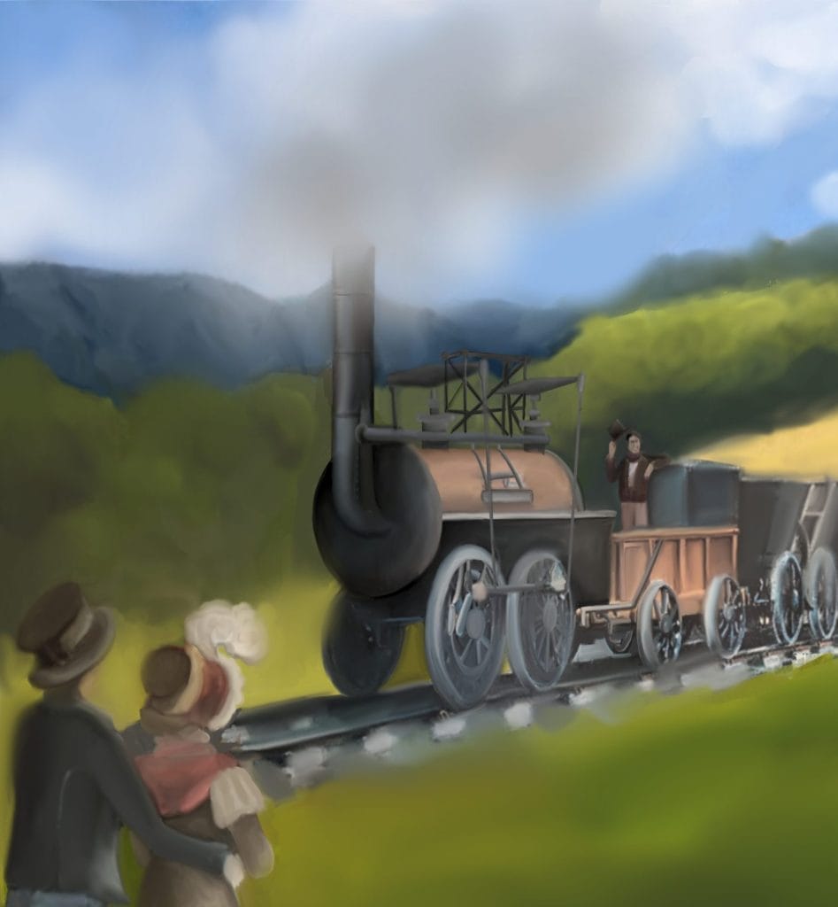 A historical scene of an early steam locomotive travelling along railway tracks through a countryside setting. In the foreground, there are two observers wearing period clothing and hats, possibly from the early-to-mid 19th century, watching the train pass by. One appears to be holding a child. The steam locomotive has the distinctive features of early rail technology, including a large smokestack emitting smoke, a cylindrical boiler, and visible wheels. There's a person visible on the train who appears to be the engineer or operator. The landscape includes rolling hills, mountains in the background, and a mix of green fields and wooded areas, creating a picturesque rural setting. The sky is partly cloudy with blue patches visible. This painting seems to represent an important period in transportation history, likely depicting one of the early passenger or freight steam trains that revolutionised travel and commerce during the Industrial Revolution.